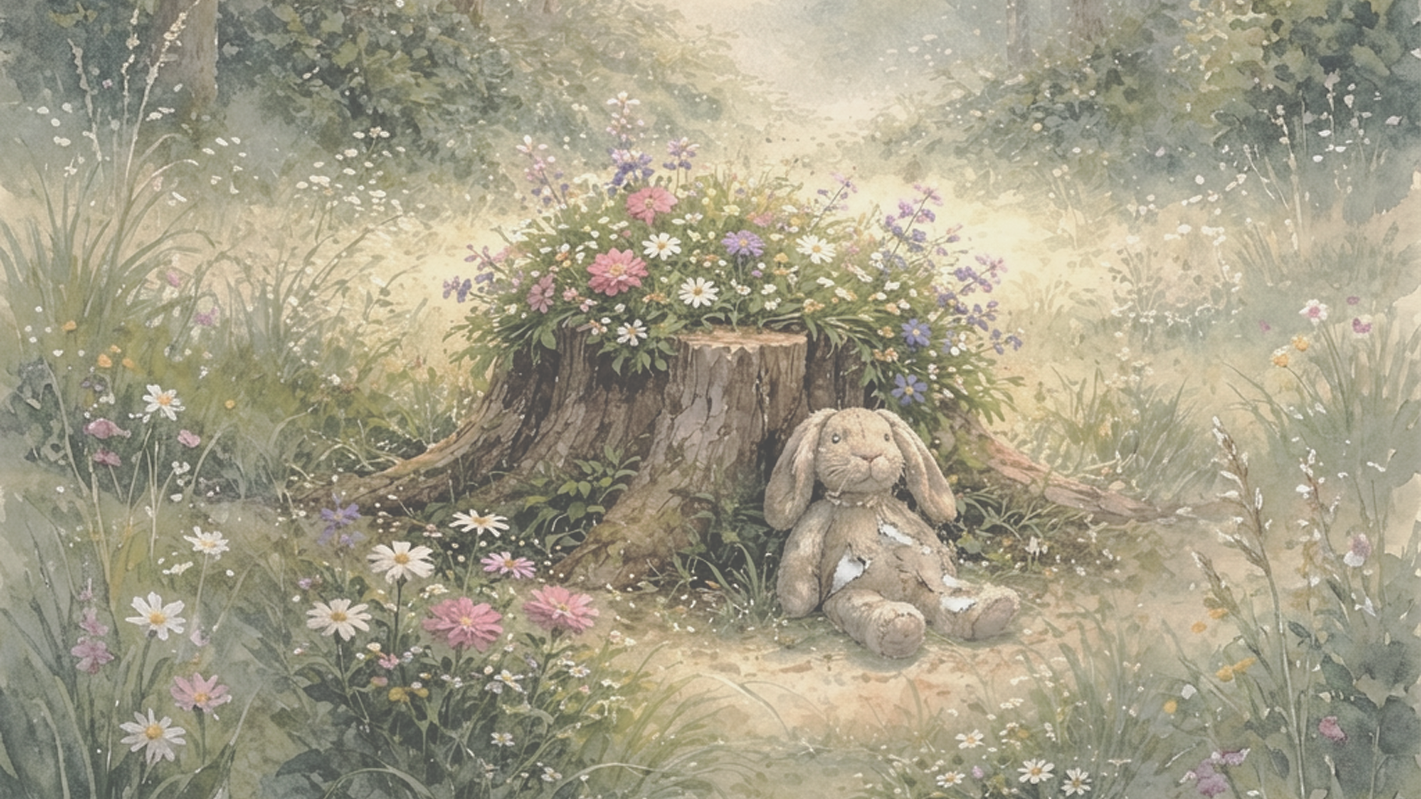 Water Color art of worn teddy bear sitting by a flower-strewn forest floor with a tree stump.